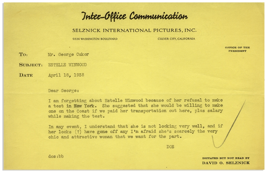 'Gone With the Wind'' Memo From David O. Selznick to Director George Cukor Regarding Casting -- ''...I'm afraid she's scarcely the very chic and attractive woman that we want for the part...''